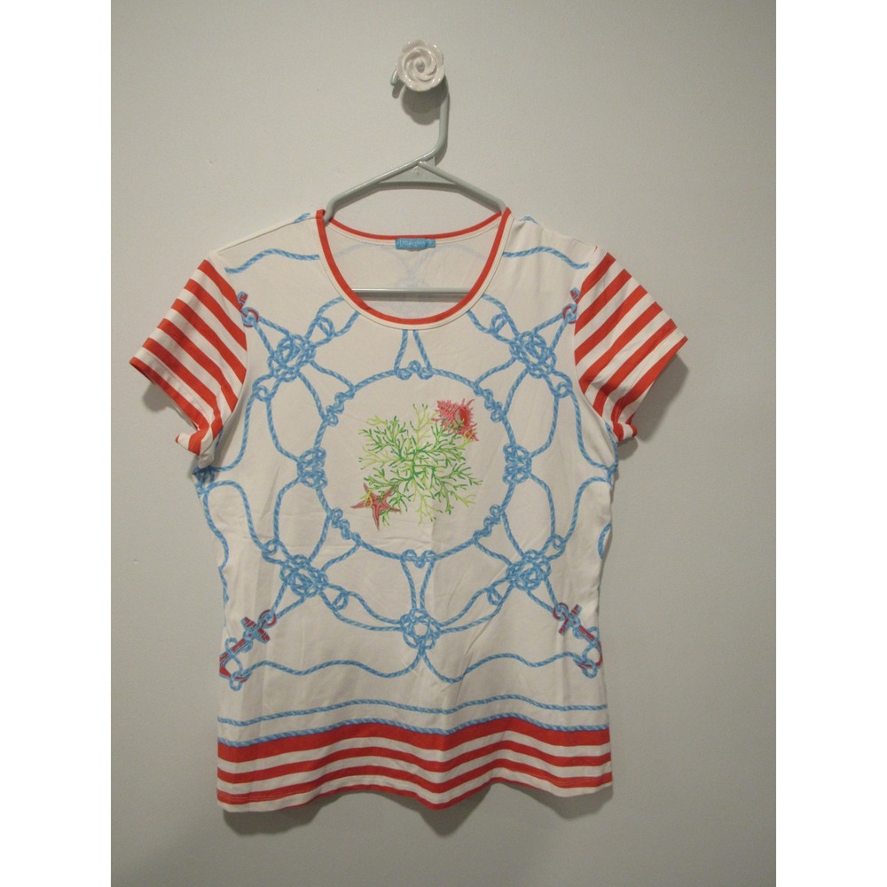 J.McLaughlin Womens Nautical Rope Anchor Starfish Stripe Tee Top Red White Blue